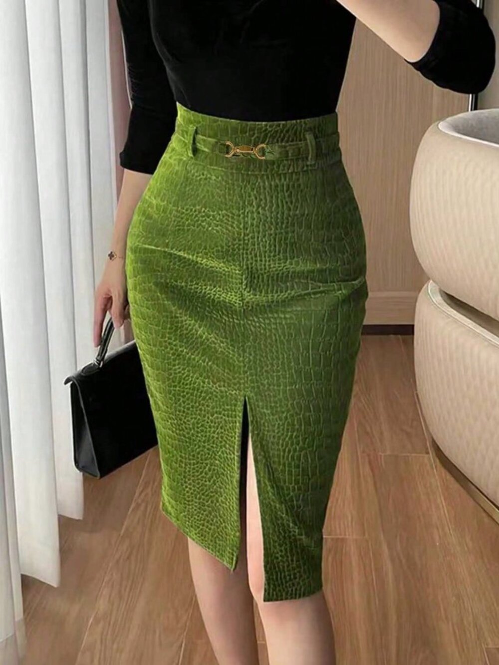 Olive Green Elegant Women's Velvet Embossed Wrap Skirt With Lining